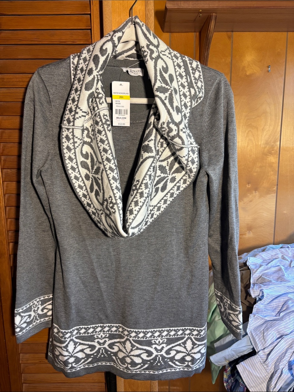 Kim Rogers Gray and Cream Patterned Shawl Collar Sweater with matching scarf